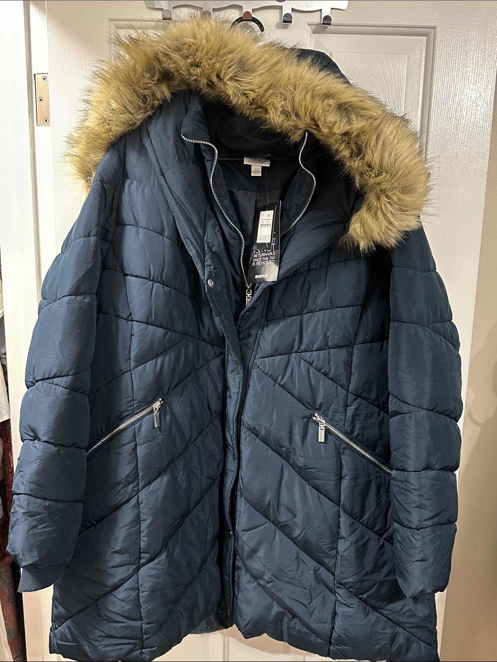 Avenue Navy Quilted Hooded Puffer Coat with Faux Fur Trim
